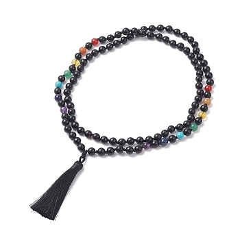 Natural & Synthetic Mixed Gemstone & Wood Buddhist Necklace, Polyester Tassel Lariat Necklace for Women, Black, 40.16 inch(102cm)