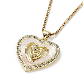 Mother's Day Brass Micro Pave Clear Cubic Zirconia Pendant Necklaces, Shell Necklace with Golden 304 Stainless Steel Chains, Heart, 15.83 inch(40.2cm), Heart: 26.5x25mm