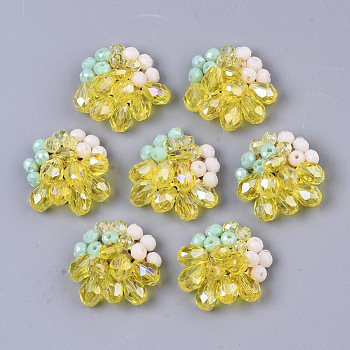 Handmade Woven Glass Cabochons, with Faceted Glass Beads and Light Gold Plated Brass Perforated Disc Settings, Flower, Yellow, 23~25x23~25x8~10mm