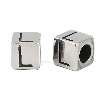 304 Stainless Steel Large Hole Letter European Beads, Cube with Letter.L, Antique Silver, 8x8x8mm, Hole: 5mm