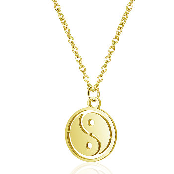 201 Stainless Steel Pendants Necklaces, with Cable Chains, Flat Round with Tai Ji, Golden, 16.3 inch(40cm), 1mm