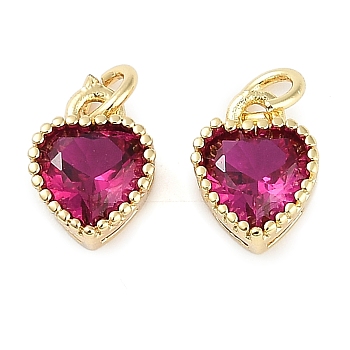 Real 18K Gold Plated Brass Inlaid Cubic Zirconia Charms, with Jump Ring, Long-Lasting Plated, Heart, Deep Pink, 8.5x7x4mm, Jump Ring: 4x0.5mm, 2.5mm Inner Diameter