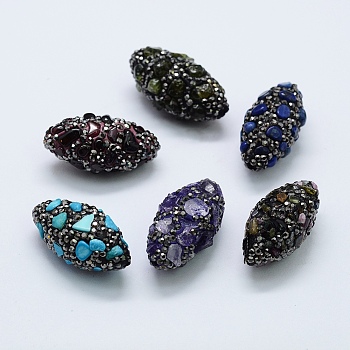 Polymer Clay Rhinestone Beads, with Natural Gemstone Chip Beads, Oval, 30~32x15~16mm, Hole: 1mm