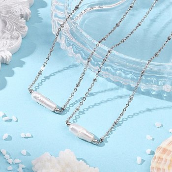 Natural Baroque Keshi Pearl Column Pendant 304 Stainless Steel Satellite Chain Necklaces, Ion Plating(IP), White, Stainless Steel Color, 15.71 inch(39.9cm)