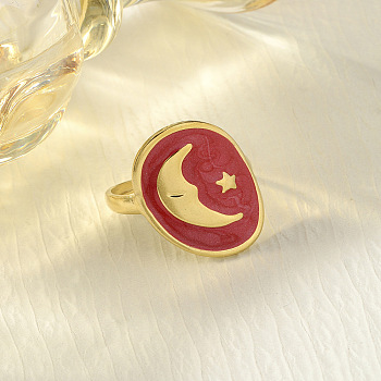 304 Stainless Steel Enamel Cuff Rings, Oval with Moon, FireBrick, Inner Diameter: 15~20mm