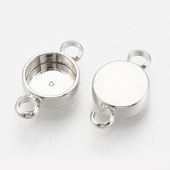 Brass Cabochon Connector Settings, Plain Edge Bezel Cups, Flat Round, Real Platinum Plated, Tray: 6mm, 12x7mm, Hole: 1.5mm