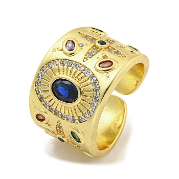 Fashion Brass Micro Pave Colorful Cubic Zirconia Cuff Rings, Open Rings, Oval, Real 18K Gold Plated, Adjustable