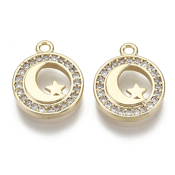 Brass Micro Pave Clear Cubic Zirconia Charms, Nickel Free, Flat Round with Moon & Star, Real 18K Gold Plated, 14x11.5x2mm, Hole: 1.4mm