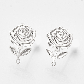 Brass Stud Earring Findings, with Loop, Flower, Nickel Free, Real Platinum Plated, 12x9mm, Hole: 1mm, pin: 0.6mm