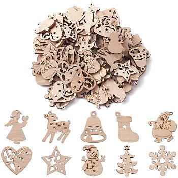 100Pcs Christmas Unfinished Wooden Ornaments, Hanging Decorations, for Party Gift Home Decoration, Snowman/Star/Heart, BurlyWood, 3cm