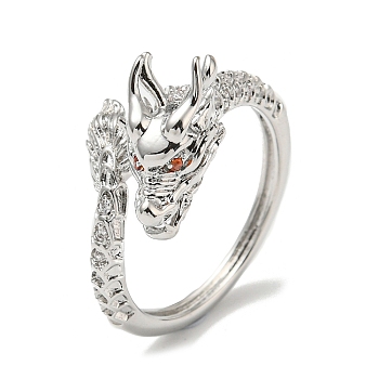 Dragon Brass with Cubic Zirconia Open Cuff Ring, Real Platinum Plated, Inner Diameter: 17.6mm