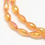 Electroplate Crystal Glass Rice Beads Strands, Faceted, Rainbow Color Plated, Orange Red, 4x9mm, Hole: 1mm, about 58pcs/strand, 20.4 inch(X-EGLA-F042-A14)