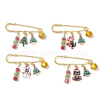 4Pcs Alloy Enamel Charms Kilt Pins Brooch, with Iron Safety Pins and Glass Beads, Cat Shape with Christmas Tree & Snowman, Golden, Mixed Color, 47.5x64.5x10.5mm(JEWB-BR00192)
