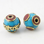 Handmade Tibetan Style Beads, with Turquoise, Golden Metal Color, Round, 16x15mm, Hole: 3mm(TIBEB-D001-6)