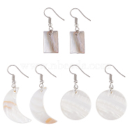 3 Pairs 3 Style Flat Round & Moon & Rectangle Acrylic Imitation Shell Dangle Earrings, Alloy Jewelry for Women, Seashell Color, 37~48mm, Pin: 0.7mm, 1 Pair/style(EJEW-AN0002-94)