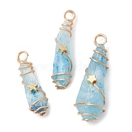 Electroplated Natural Quartz Crystal Dyed Copper Wire Wrapped Pendants, Teardrop Charms with Brass Star, Golden, Light Sky Blue, 28~39x8~12x8mm, Hole: 4mm(PALLOY-JF02326-03)