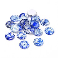 Blue and White Floral Printed Glass Flatback Cabochons, Half Round/Dome, Steel Blue, 20x6mm(X-GGLA-A002-20mm-XX)