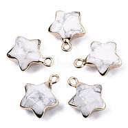 Natural Howlite Pendants, with Light Gold Plated Edge and Brass Loop, Star, Faceted, 16~17x13x6.5mm, Hole: 1.6mm(G-N326-36L)