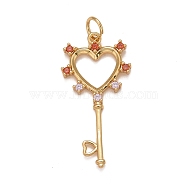 Rack Plating Brass Micro Pave Colorful Cubic Zirconia Pendants, Cadmium Free & Nickel Free & Lead Free, Long-Lasting Plated, with Jump Ring, Key, Real 18K Gold Plated, 28x14x2mm, Jump Ring: 5x0.5mm, Inner Diameter: 3.5mm(X-KK-M229-43G)