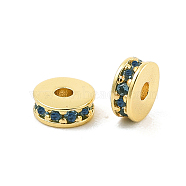 Rack Plating Brass Micro Pave Cubic Zirconia Beads, Long-Lasting Plated, Lead Free & Cadmium Free, Flat Round/Disc, Real 18K Gold Plated, Deep Sky Blue, 6x2.3mm, Hole: 1.6mm(KK-F879-15G-06)