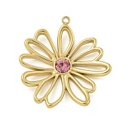 304 Stainless Steel Pendants, with Rhinestone, Hollow Flower Charm, Real 14K Gold Plated, Rose, 28x26x4mm, Hole: 1.4mm(STAS-L022-436G-02)