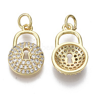 Brass Micro Pave Cubic Zirconia Pendants, with Jump Rings, Nickel Free, Lock, Clear, Real 16K Gold Plated, 16x10x3mm, Hole: 3mm(ZIRC-S067-021-NF)