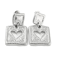 304 Stainless Steel Dangle Stud Earrings, Square with Heart, Stainless Steel Color, 39x23.5mm(EJEW-M233-13P)
