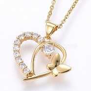 304 Stainless Steel Pendant Necklaces, with Cubic Zirconia, Heart with Butterfly, Golden, 17.71 inch(45cm), Pendant: 24.5x23x3mm(X-NJEW-H486-23G)