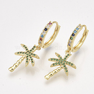 Brass Cubic Zirconia Hoop Earrings, Dangle Earrings, Coconut Tree, Golden, 34mm, Pin: 1mm(EJEW-S201-168)