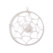 Natural Cultured Freshwater Pearl Pendants, Flat Round Brass Web/Net Charms, Silver, 40x35.5x6mm, Hole: 2mm(PALLOY-JF02653-01)