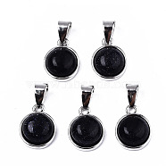 Synthetic Blue Goldstone Pendants, with Platinum Tone Brass Settings and Platinum Tone Iron Snap on Bails, Half Round/Dome, 15.5x12x6mm, Hole: 5x7mm(G-T131-19A)