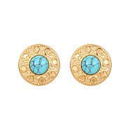 Synthetic Turquoise Flat Round Stud Earrings, Golden 304 Stainless Steel Earrings, 22mm(KQ6681-3)