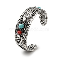 Tibetan Style Alloy Cuff Bangles, Bohemian Style Feather Bangle for Women, with Imitation Turquoise, Antique Silver, 5/8~1-1/8 inch(1.5~2.7cm), Inner Diameter: 2-5/8 inch(6.74cm)(BJEW-Q769-02AS)