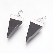 Natural Black Agate Pendants, with Brass Findings, Triangle, Dyed & Heated, Silver, 27~29x12~13x4~5mm, Hole: 4x6mm(G-E493-O01-S)