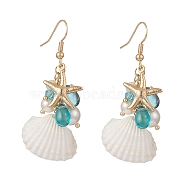 Shell Pearl & Glass & Starfish Cluster Dangle Earrings, Golden Brass Jewelry for Women, White, 53mm, Pin: 0.6mm(EJEW-TA00208)