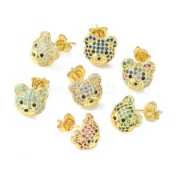 Bear Cubic Zirconia Stud Earrings, Real 18K Gold Plated Brass Jewelry for Women, Mixed Color, 9.5x10.5mm, Pin: 0.7mm(EJEW-F312-01G)
