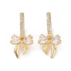 Clear Cubic Zirconia Bowknot Dangle Hoop Earrings, Brass Jewelry for Women, Golden, 30mm, Pin: 1mm(EJEW-C040-05G)