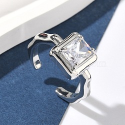 Brass with Cubic Zirconia/Glass Cuff Open Rings, Rectangle, Cadmium Free & Lead Free, Long-Lasting Plated, Rack Plating, Platinum, Clear, 11.5mm, US Size 7 1/4(17.5mm)(RJEW-C158-05P-02)
