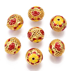 Hollow Alloy Beads, with Enamel, Rondelle with Flower, Matte Gold Color, Yellow, 14x13mm, Hole: 2.5mm(ENAM-L039-20MG-04)