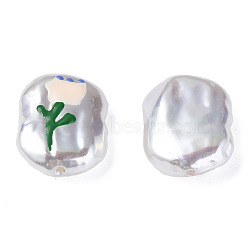 ABS Plastic Imitation Pearl Beads, with Enamel, Oval with Flower, Antique White, 21x15x7mm, Hole: 1.2mm(KY-N015-165)