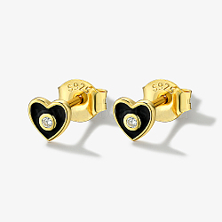 Heart Real 18K Gold Plated 925 Sterling Silver Micro Pave Cubic Zirconia Stud Earrings with Enamel, with S925 Stamp, Black, 13mm(PI4374-2)