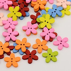 Wooden Buttons, Dyed, 2-Hole, Flower, Mixed Color, 15x15x2mm, Hole: 1mm(X-BUTT-N002-09)