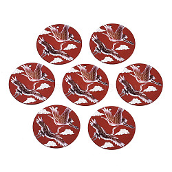 Spray Painted Iron Pendants, Rubberized Style, 3D Printed,  Red-Crowned Crane Print Pattern, Flat Round, Dark Red, 25.5x0.8mm, Hole: 1.2mm(X-IFIN-T016-42)