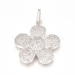 Brass Micro Pave Cubic Zirconia Pendants, Flower, Clear, Platinum, 28x25x4mm, Hole: 3x6mm(ZIRC-T004-17P)