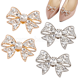 GOMAKERER 4Pcs 2 Colors Bowknot Alloy Rhinestone Shoe Decoration, Detachable Shoe Buckle Clip, Platinum & Light Gold, 41x60x15.5mm, 2pcs/color(FIND-GO0002-34)