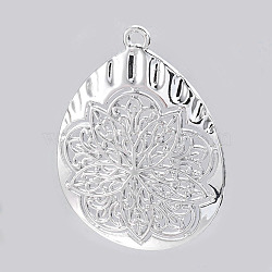 Alloy Big Pendants, Teardrop with Flower, Silver Color Plated, 61x46x3mm, Hole: 3.5mm(TIBEP-M001-35S)