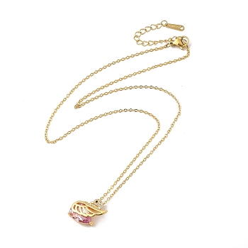Pink Cubic Zirconia Pendant Necklace, Golden Brass Jewelry for Women, Wing Pattern, Wing: 17x13x7.5mm, 16.54 inch(42cm)