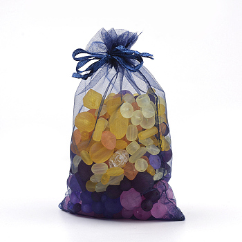 Organza Gift Bags, with Drawstring, Rectangle, Midnight Blue, 12x10cm