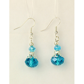 Dangle Glass Earrings, with Brass Earring Hooks, Deep Sky Blue, 43mm
