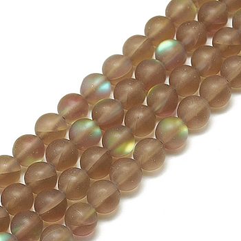 Synthetic Moonstone Beads Strands, Holographic Beads, Dyed, Frosted, Round, Camel, 6~6.5x5.5~6x5.5~6mm, Hole: 1mm, about 64pcs/Strand, 15.56 inch